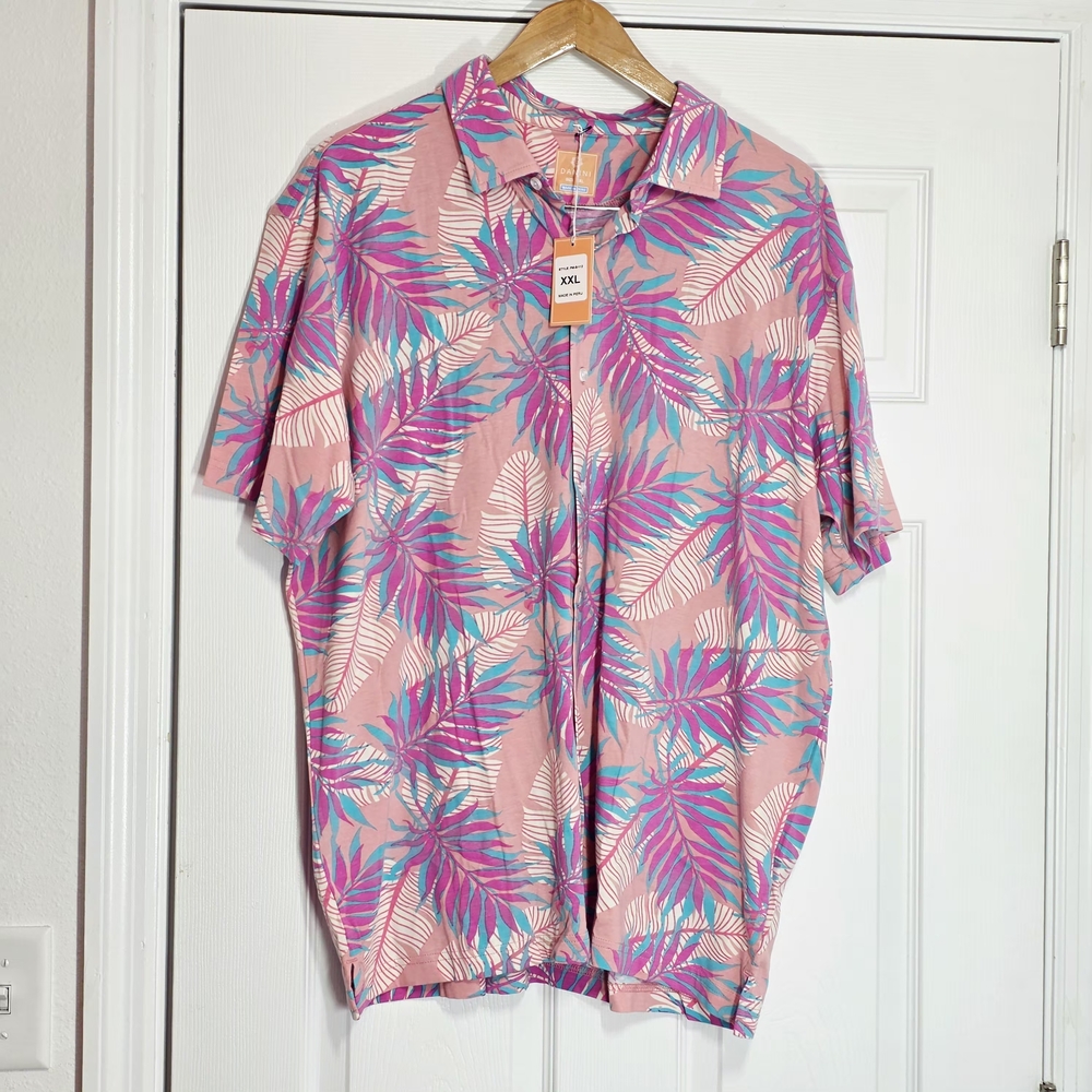 Danini Tropical Pink and Blue Leaf Print Men's Shirt Size XXL